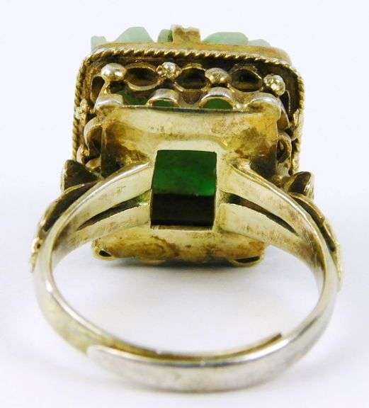 Vintage Silver Carved Jade Ring, Size 6.5