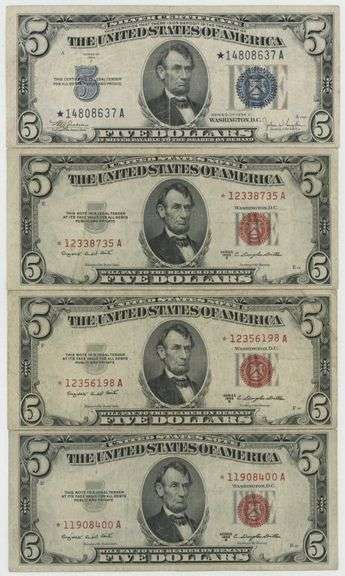 4 Very Scarce $5 STAR Notes featuring 1934 Blue Seal & 3 1953 Red Seals