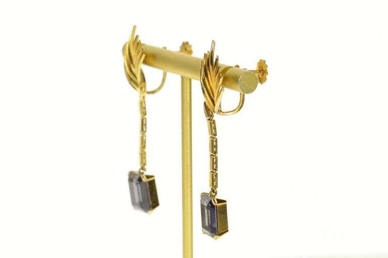 18K Yellow Gold Ornate Retro Amethyst Dangle Screw Back Earrings