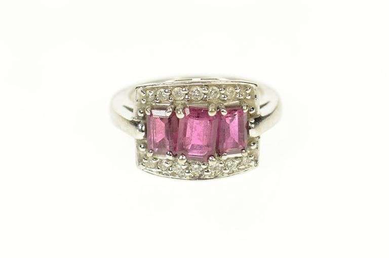 14K White Gold Emerald Cut Pink Tourmaline Diamond Halo Ring