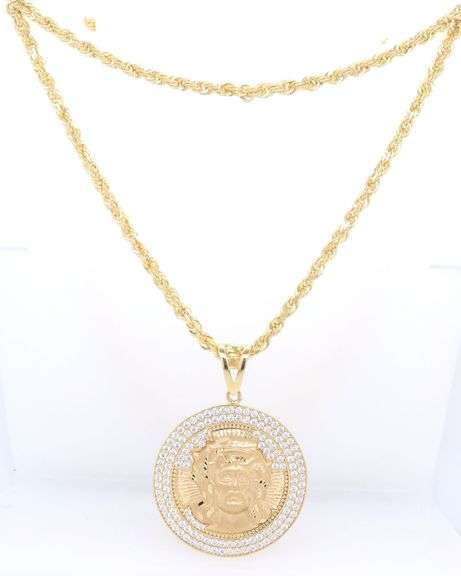Religious cubic zirconia round pendant on rope chain necklace
