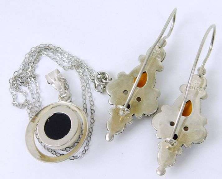 Sterling Amber Necklace & Gemstone Earrings