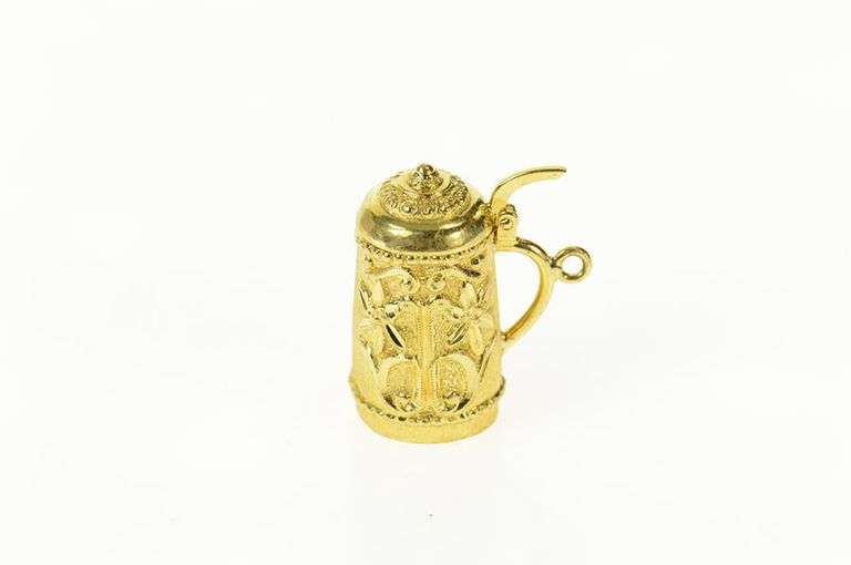 18K Yellow Gold 3D Ornate German Beer Stein Articulated Charm/Pendant