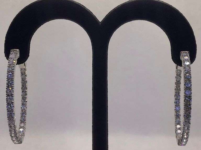 GORGEOUS AND TIMELESS 14K WHITE GOLD OVAL SHAPED IN/OUT DIAMOND HOOP EARRINGS
