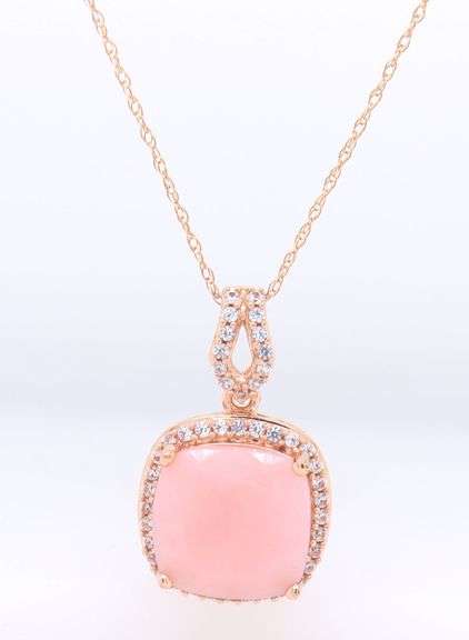 14kt Yellow gold cushion pink opal and topaz halo pendant on chain