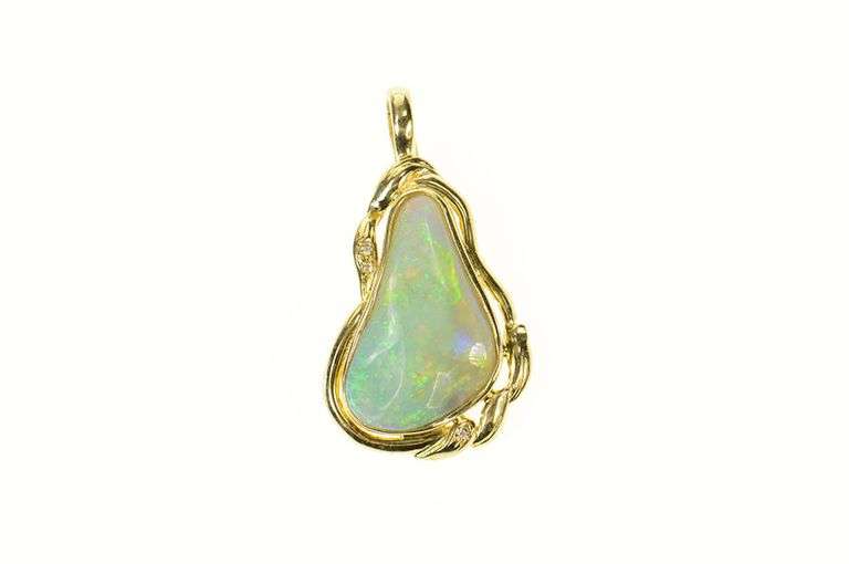 14K Yellow Gold Natural Opal Ornate Diamond Accent Pendant