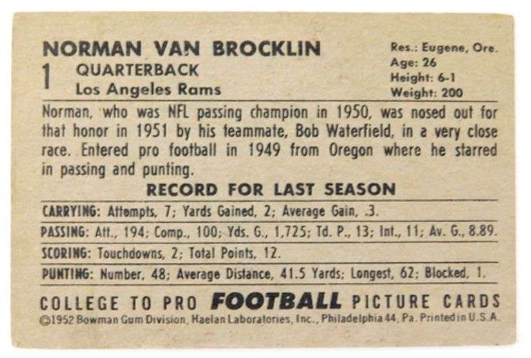Scarce 1952 Norm Van Brocklin Bowman Football Card