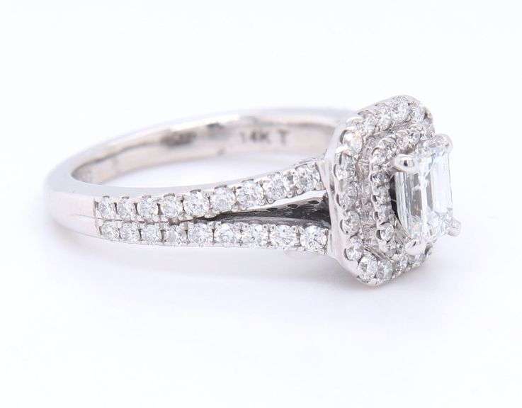 14kt White gold Vera Wang love collection 1-1/3ct emerald cut diamond split shank frame engagement ring