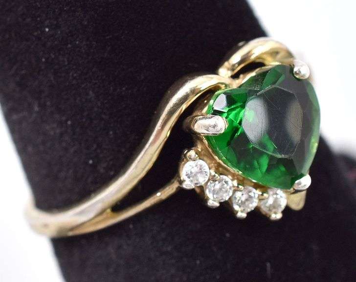 Sterling Silver Green Heart and White CZ Ring