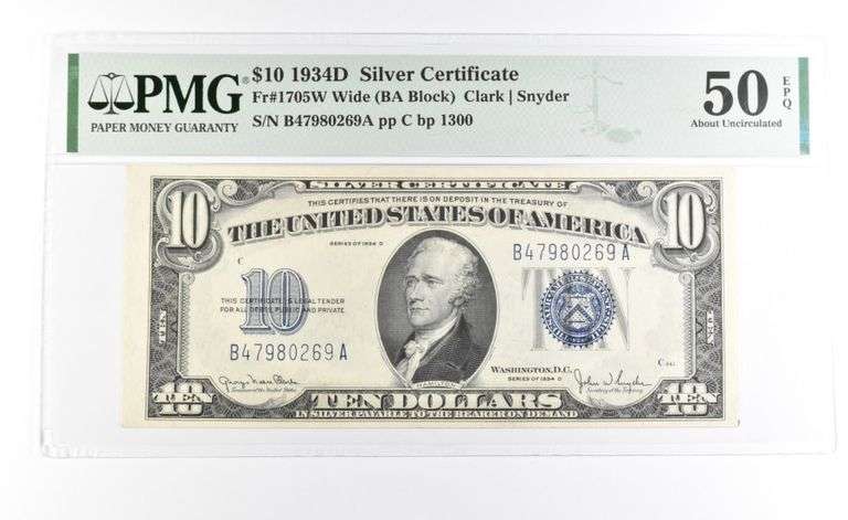 PMG 50 AU EPQ $10 1934 D Silver Certificate Blue Seal Fr#1705W