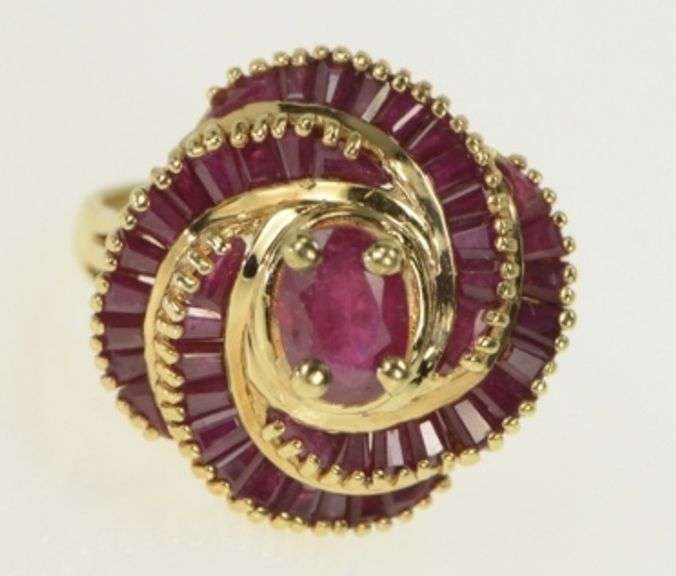 14K Yellow Gold Oval Natural Ruby Swirl Halo Cocktail Ring