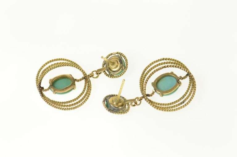 14K Yellow Gold Turquoise Rope Twist Dangle Screw Back Earrings