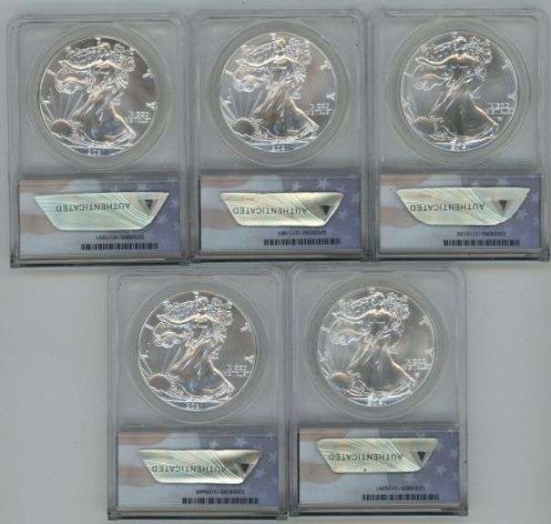 Flawless 2021 American Eagle $1 Silver Dollar 5-Coin Set. ANACS MS70