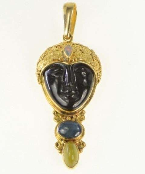 18K Yellow Gold Amethyst Buddha Opal Star Sapphire Pendant