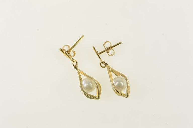 14K Yellow Gold Pearl Dangle Squared Cage Vintage Earrings
