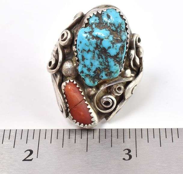 Native American Sterling Silve Turquoise and Coral Gemstone Ring