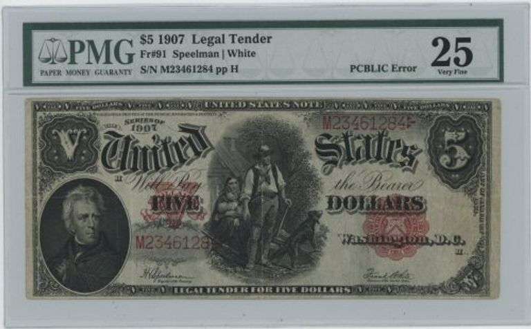 Nice 1907 Series Large Size $5 Woodchopper note. PMG VF25. Scarce PCBLIC error