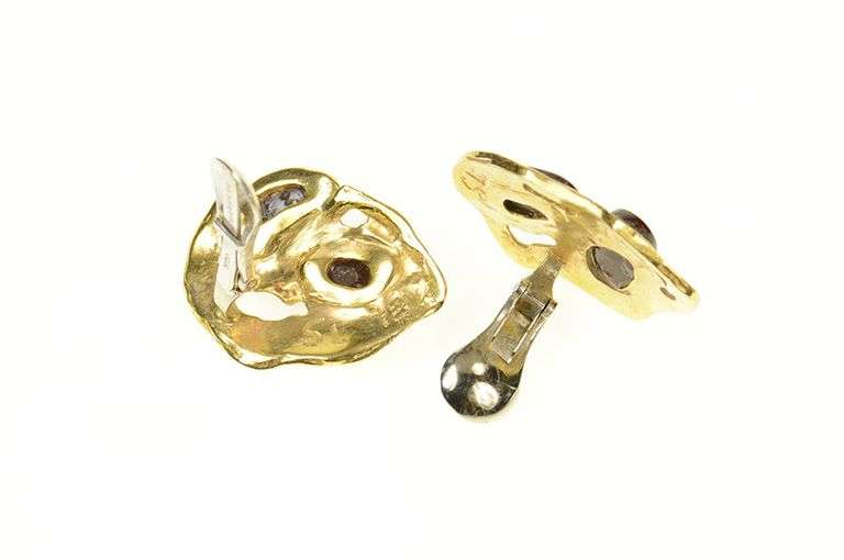 18K Yellow Gold Fire Agate Abstract Retro Artisan Clip Back Earrings