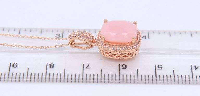 14kt Yellow gold cushion pink opal and topaz halo pendant on chain