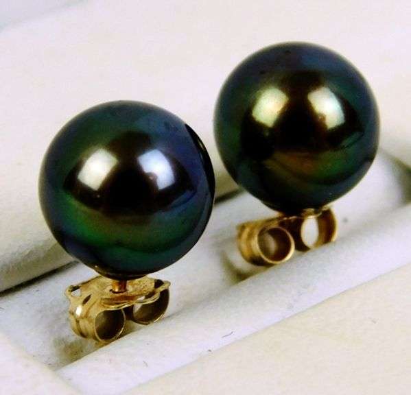 14K 8MM Black Pearl Stud Earrings