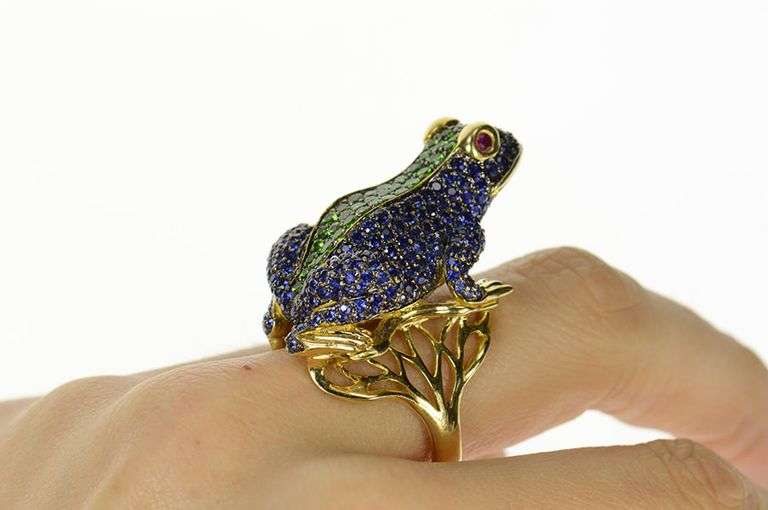14K Yellow Gold Pave Sapphire Peridot Ruby Frog Statement Ring