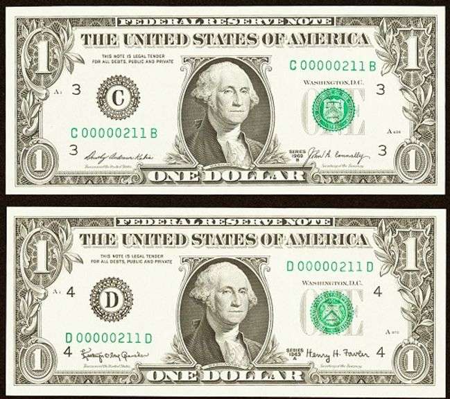 (2) Superb Crisp $1 Notes Scarce Matching Three Digit Numbers 00000211!