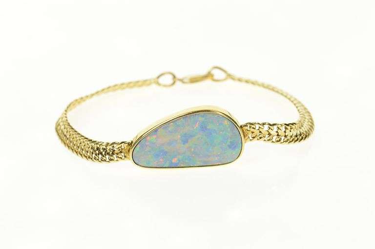 14K Yellow Gold Ornate Oval Natural Opal Squared Chain Bracelet