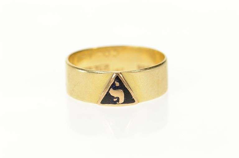 10K Yellow Gold Masonic Enamel Yod Symbol Men's Inscribed Ring