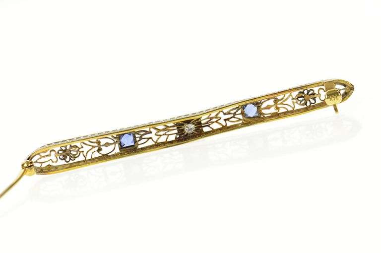14K White Gold Art Deco Diamond Syn. Sapphire Filigree Bar Pin/Brooch