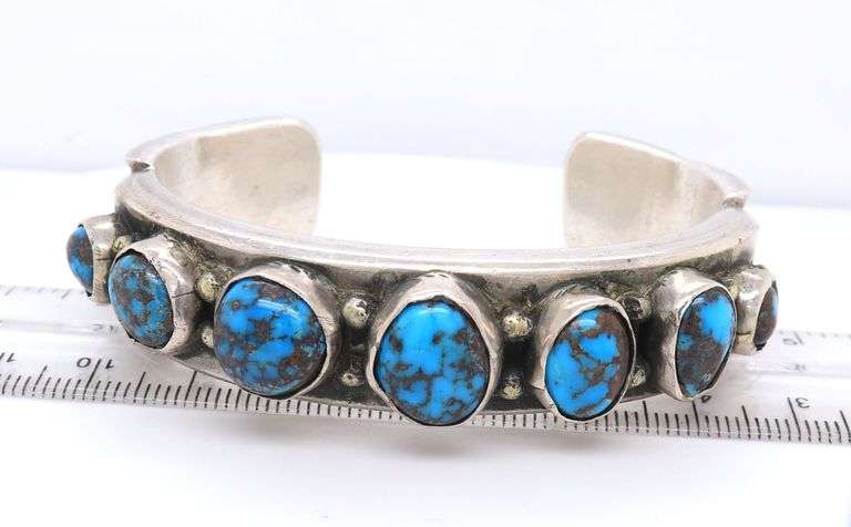 Heavy signed 925 sterling silver turquoise cuff bangle