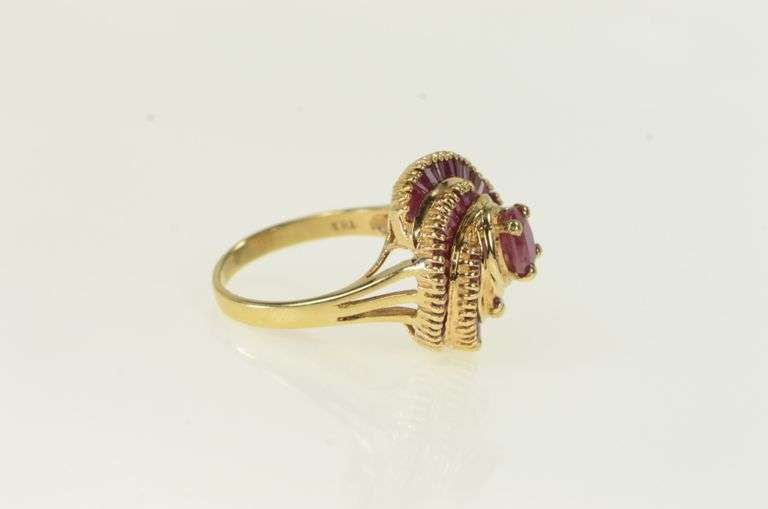 14K Yellow Gold Oval Natural Ruby Swirl Halo Cocktail Ring