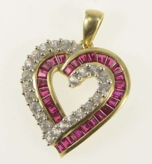 10K Yellow Gold Heart Syn. Ruby CZ Vintage Love Pendant