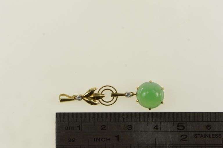 18K Yellow Gold Victorian Jade Diamond Ornate Drop Pendant