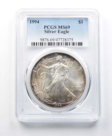 MS69 1994 American Silver Eagle PCGS Blue Peripheral Toning