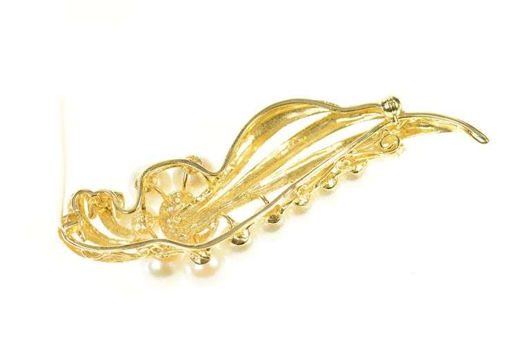 14K Yellow Gold Retro Pearl Diamond Accent Swirl Wavy Pin/Brooch