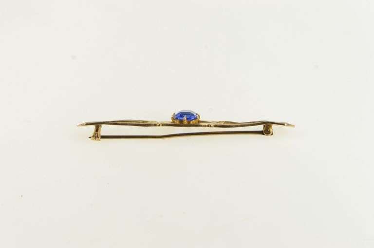 10K Yellow Gold Art Nouveau Sim. Sapphire Ornate Bar Pin/Brooch