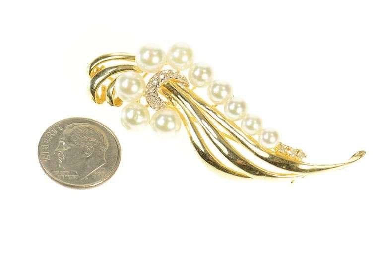 14K Yellow Gold Retro Pearl Diamond Accent Swirl Wavy Pin/Brooch