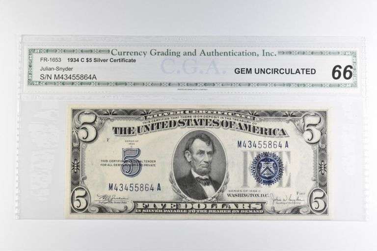 CGAI Gem Unc 66 $5 1934-C US Silver Certificate Blue Seal FR-1653