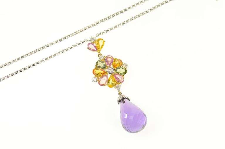 18K White Gold 19.11 Ctw Amethyst Drop Sapphire Diamond Necklace