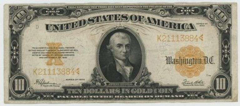 Attractive and colorful SERIES of 1922 Large Size $10 Gold Certificate