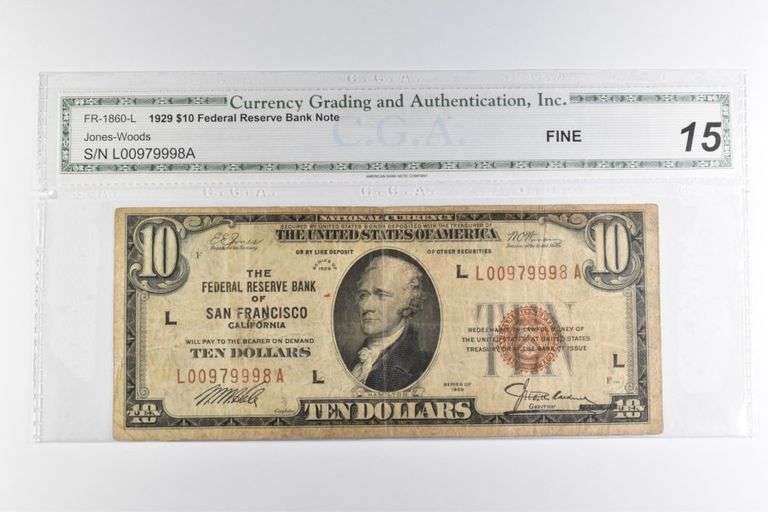 CGAI Fine 15 $10 1929 San Fran, CA US Nat'l Currency Brown FR-1860-L