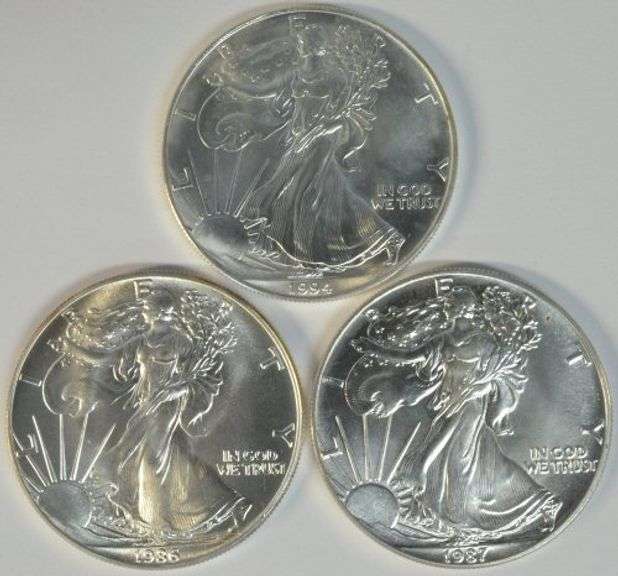 3 Better Date Superb Gem BU $1 Silver Eagles: 1986, 1987, & 1994