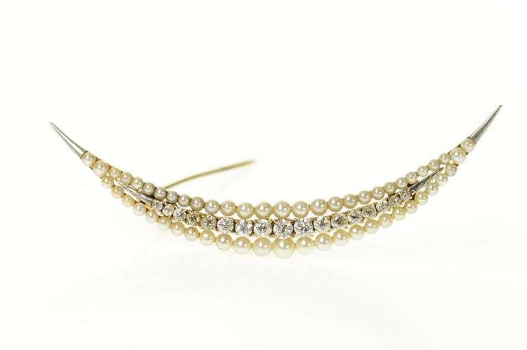14K Yellow Gold 0.81 Ctw Victorian Diamond Pearl Moon Pin/Brooch