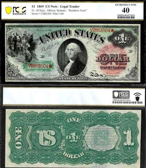 $1 1869 Fr. 18 Legal Tender Rainbow PCGS-B EF 40
