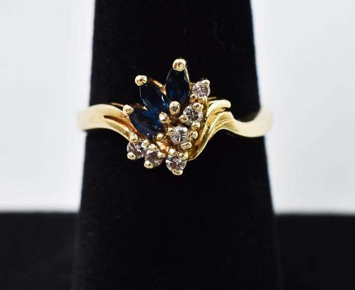 Appetizing 14K Yellow Gold Blue Sapphire and Diamond Ring