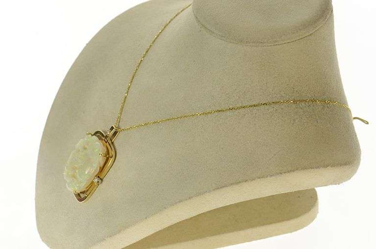 14K Yellow Gold Natural Opal Carved Floral Diamond Accent Pendant