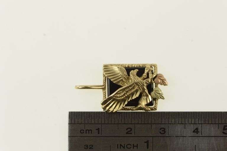 10K Yellow Gold Black Hills Leaf Onyx Soaring Eagle Pendant