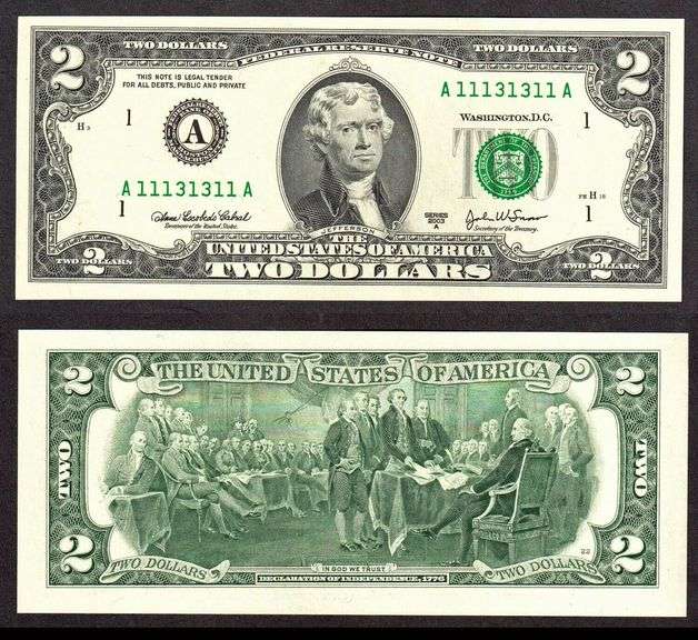 $2 2003-A FRN Six of a Kind Binary on a Deuce 11131311 Superb Gem