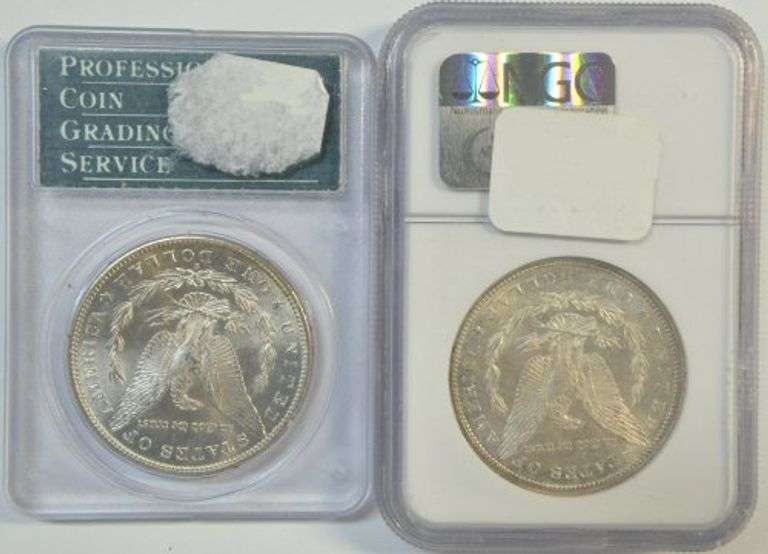 2 Near Gem BU 1881-S Morgan Silver Dollars. MS64 graded