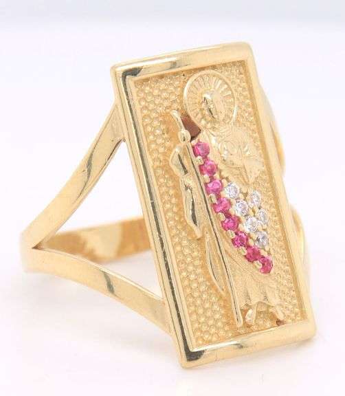14kt Yellow gold square saint Jude red and white cubic zirconia ring